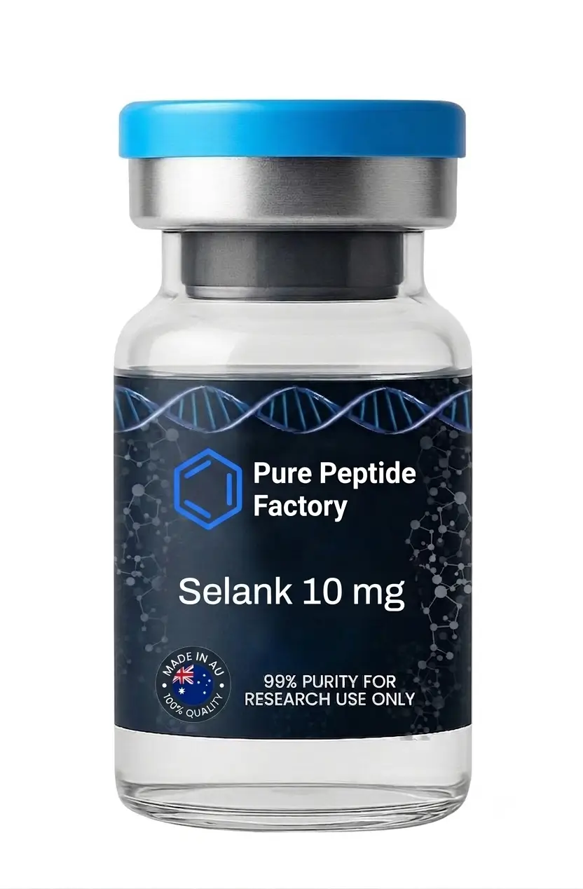 Selank australia research-grade peptide for laboratory applications. 10mg lyophilised vial with HPLC-verified purity. Minimum order $200 AUD with domestic shipping. Not for human consumption.